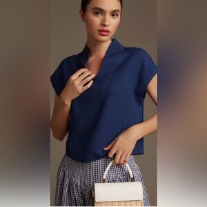 Maeve by Anthropologie Textured V-Neck Blouse in Deep Navy Medium